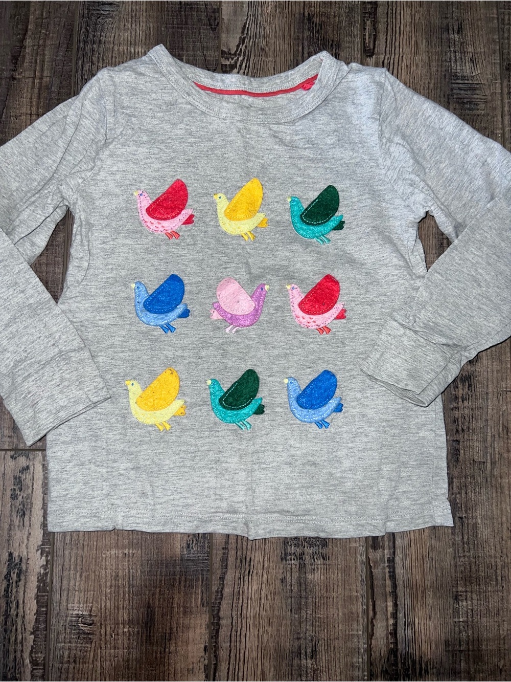 Mini Boden Girls' Gray Long-Sleeve Top with Colorful Bird Appliqués
